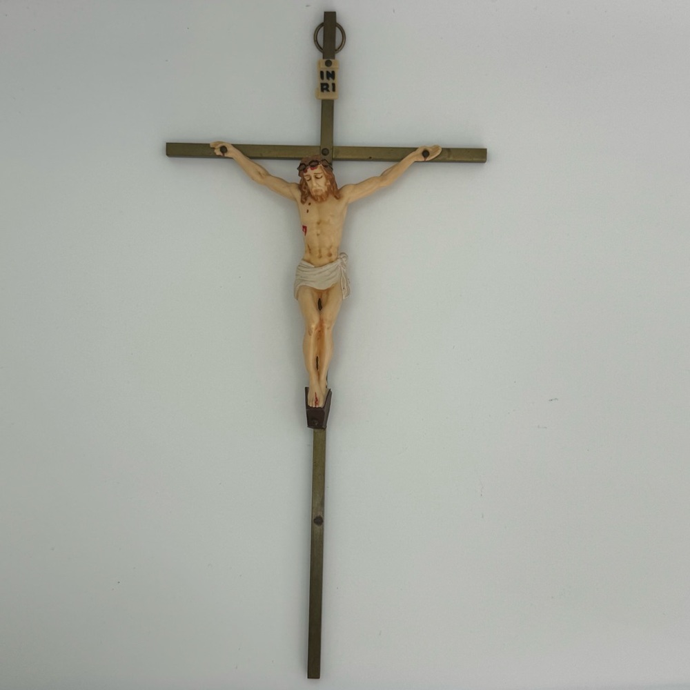 Vintage Brass Wall Crucifix Catholic Cross Jesus INRI Plaque Religious